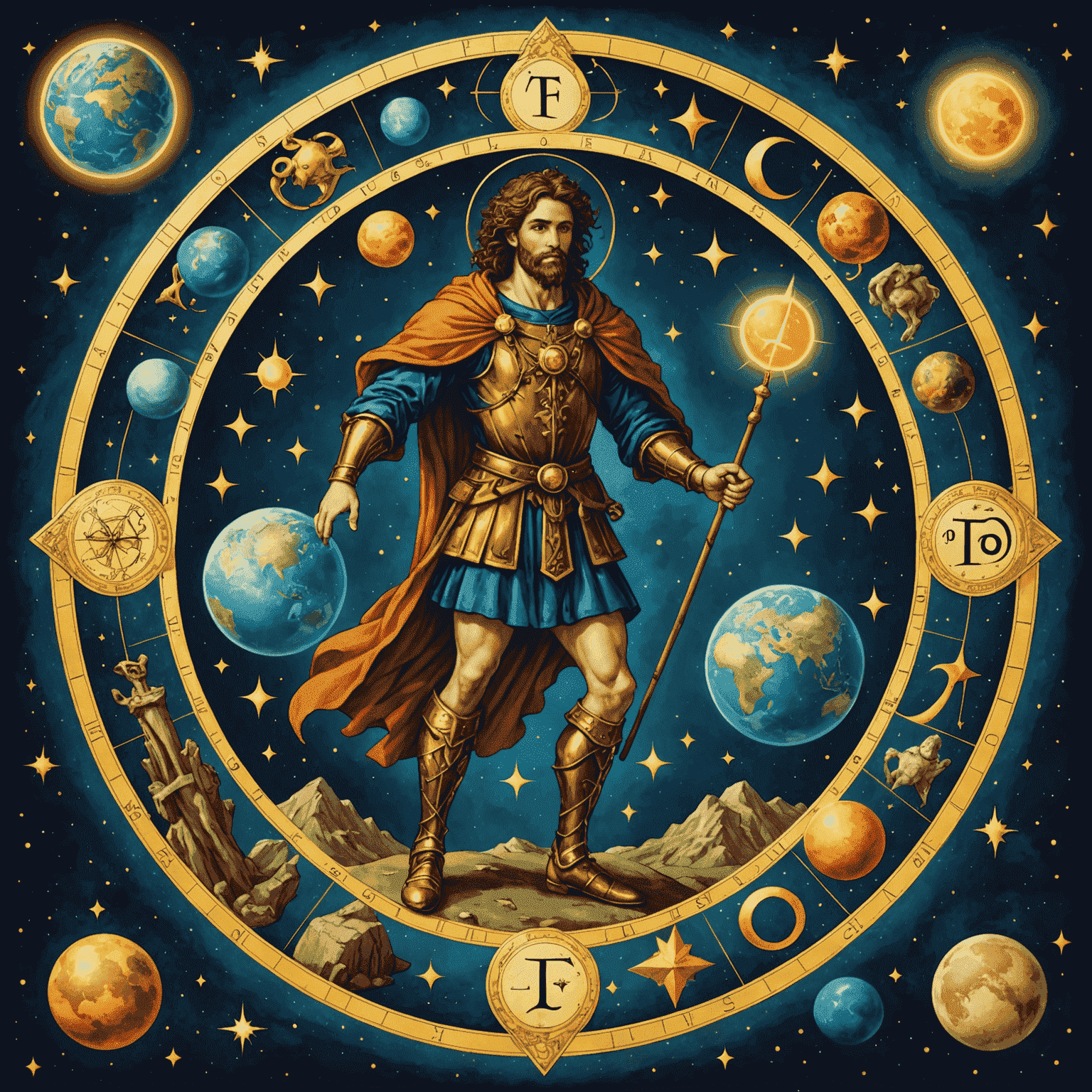 Ilustracja przedstawiająca połączenie symboli astrologicznych z kartą Tarota Głupca. Widoczne są znaki zodiaku otaczające centralną postać Głupca, a nad nimi unosi się planeta Uran.